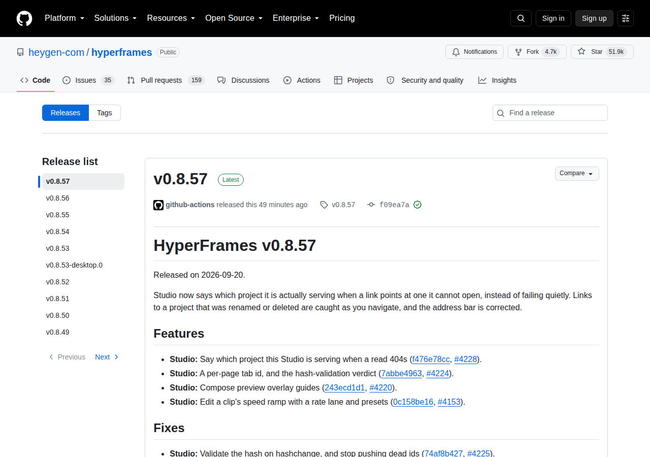 heygen-com/hyperframes 版本發布頁（v0.8.x 版本標籤、發布時間與變更說明）