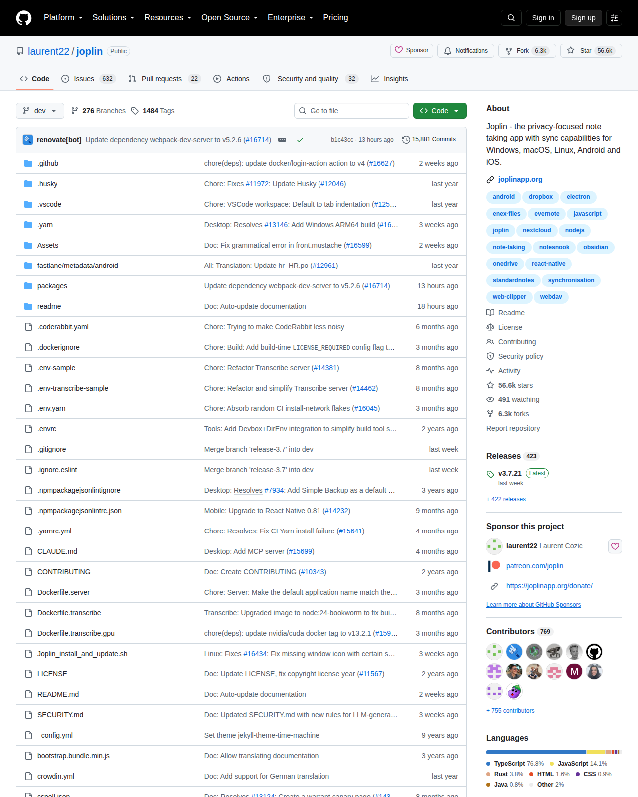 laurent22/joplin 的 GitHub 首頁頂部，顯示 repo 名稱 laurent22/joplin、Star 數 56.6k、Fork 6.3k、專案描述「Joplin - the privacy-focused note taking app with sync capabilities」、AGPL 授權資訊與 dev 分支的檔案清單