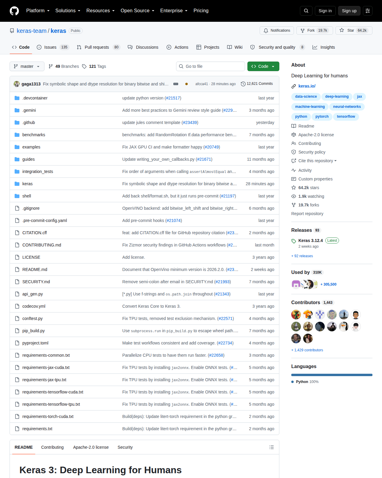 Keras 3 GitHub 首頁頂部（repo 名 keras-team/keras + Star 數 64.2k + Fork 數 19.7k + 官方描述）