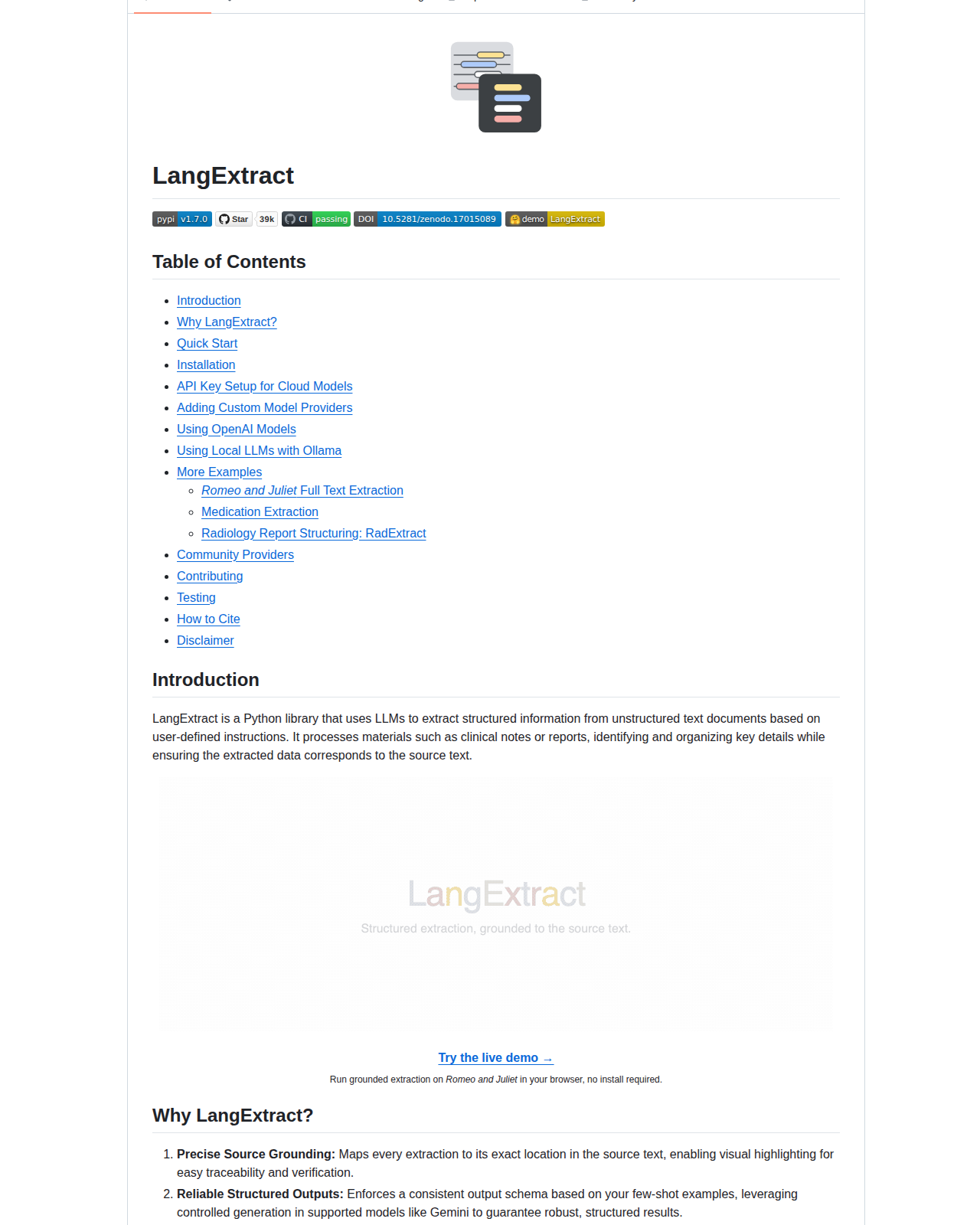 Google LangExtract README 開頭（專案名稱 LangExtract 大字標題、識別標誌與簡介段落）