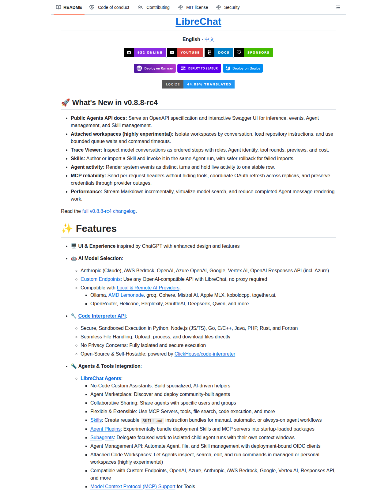 LibreChat README 開頭(專案名稱 LibreChat 與 v0.8.8-rc4 版本更新重點)