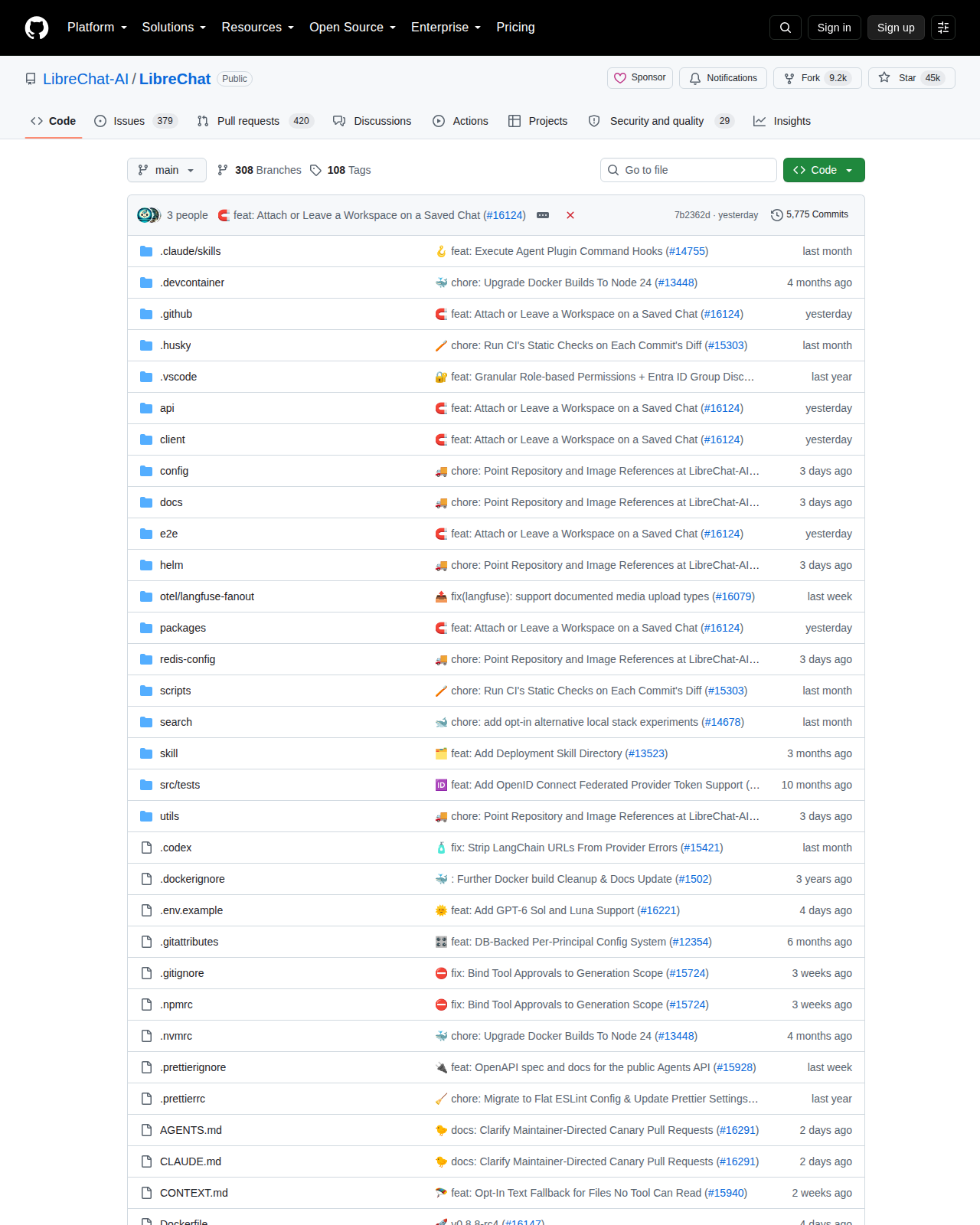 LibreChat-AI/LibreChat GitHub 首頁頂部(儲存庫名稱 LibreChat-AI/LibreChat、45k 星標與專案描述)