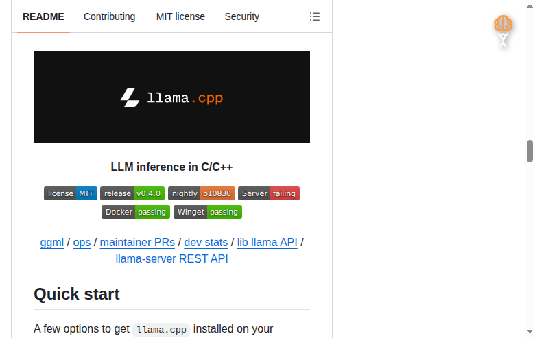llama.cpp README 開頭（項目名稱、Logo 與 LLM inference in C/C++ 標語）