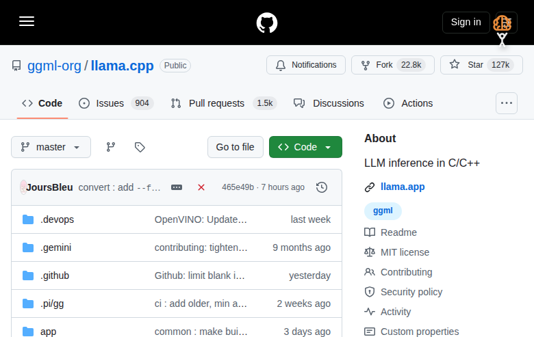 llama.cpp GitHub 首頁頂部（ggml-org/llama.cpp repo 名、Star 數 126k、Fork 數與項目描述）