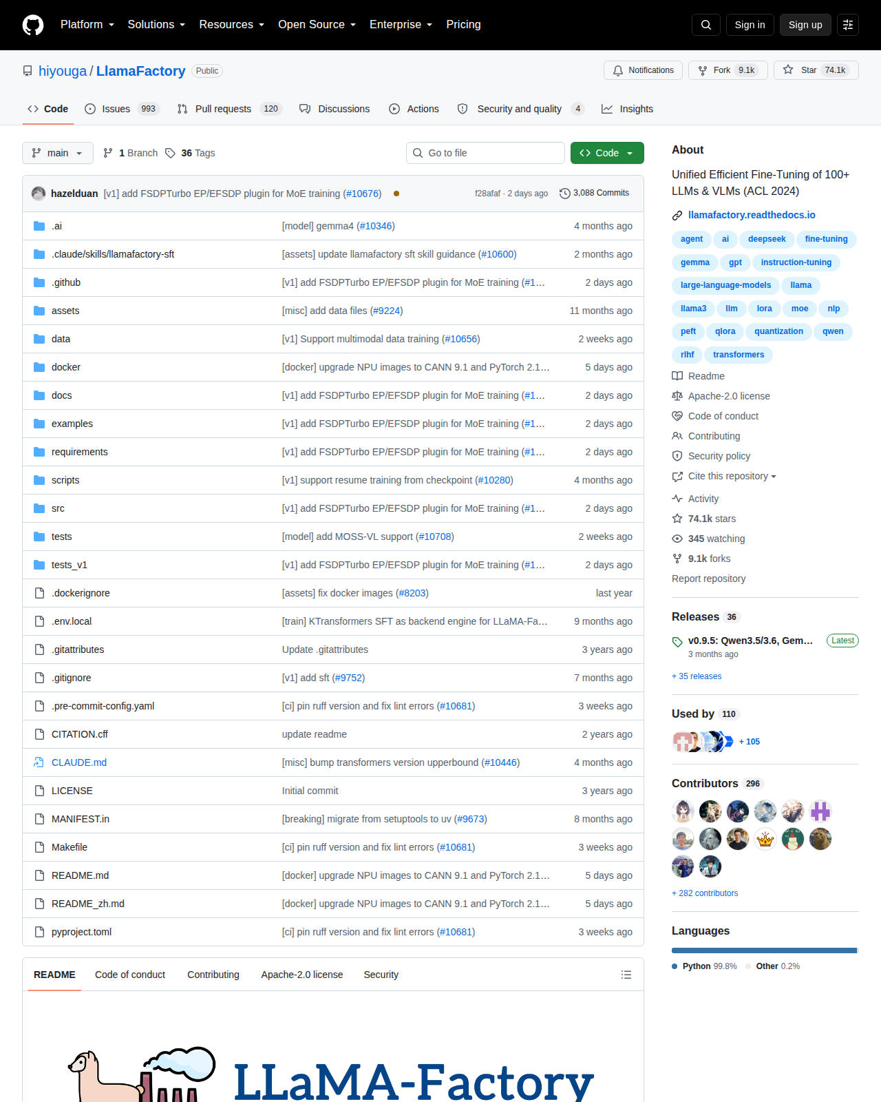 LlamaFactory GitHub 首頁頂部（repo 名 hiyouga/LlamaFactory + 74.1k stars + ACL 2024 描述）
