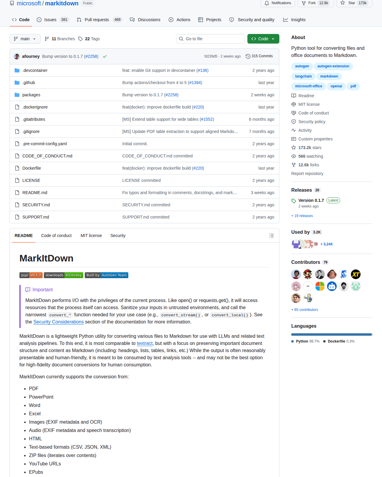 MarkItDown 儲存庫統計區域(79 位貢獻者頭像 + Python 99.7% 語言佔比 + About 區塊,顯示項目的開發規模與技術棧)