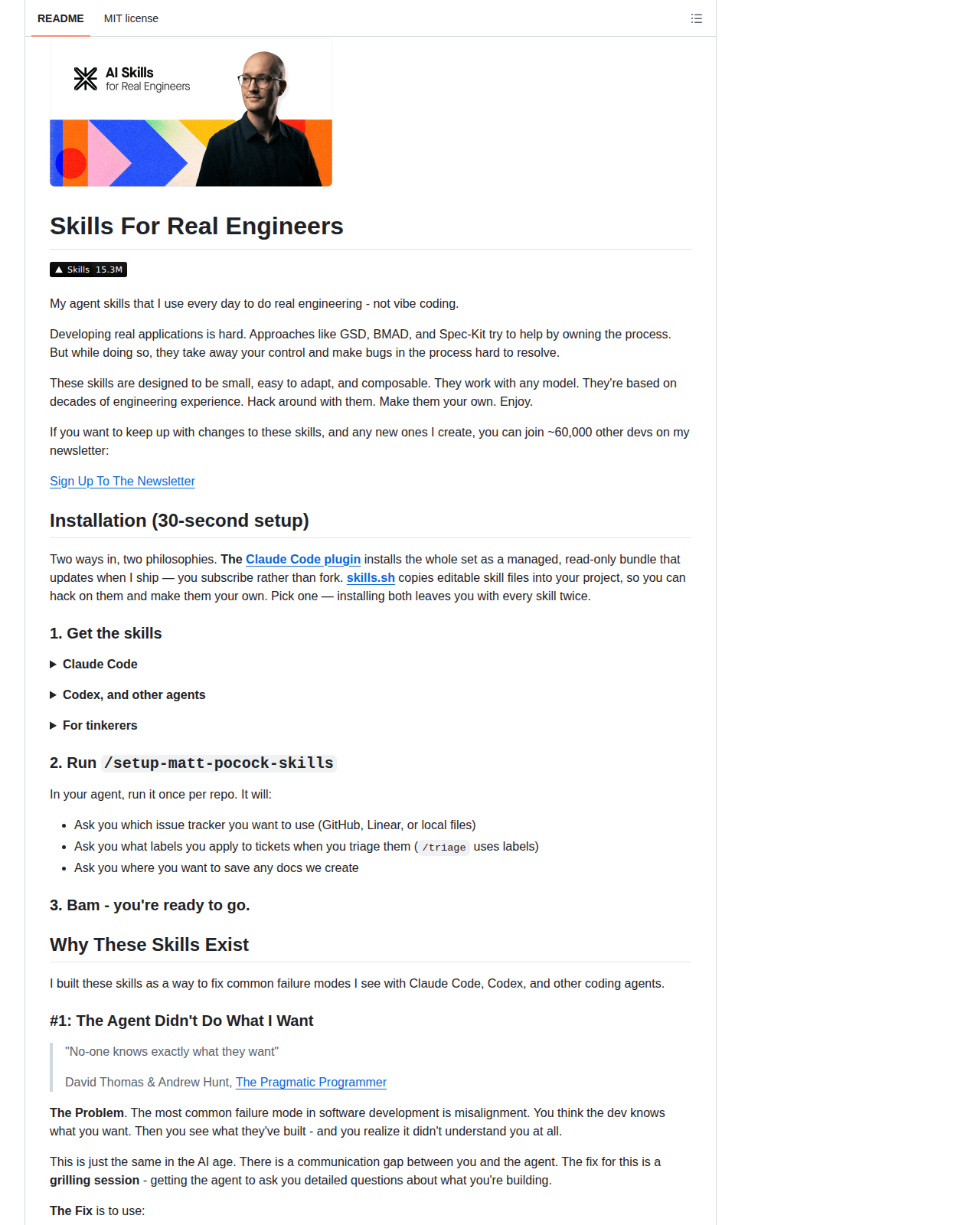 Matt Pocock Skills README 開頭(項目名稱 Skills For Real Engineers 大字標題與 AI Skills for Real Engineers 橫幅)