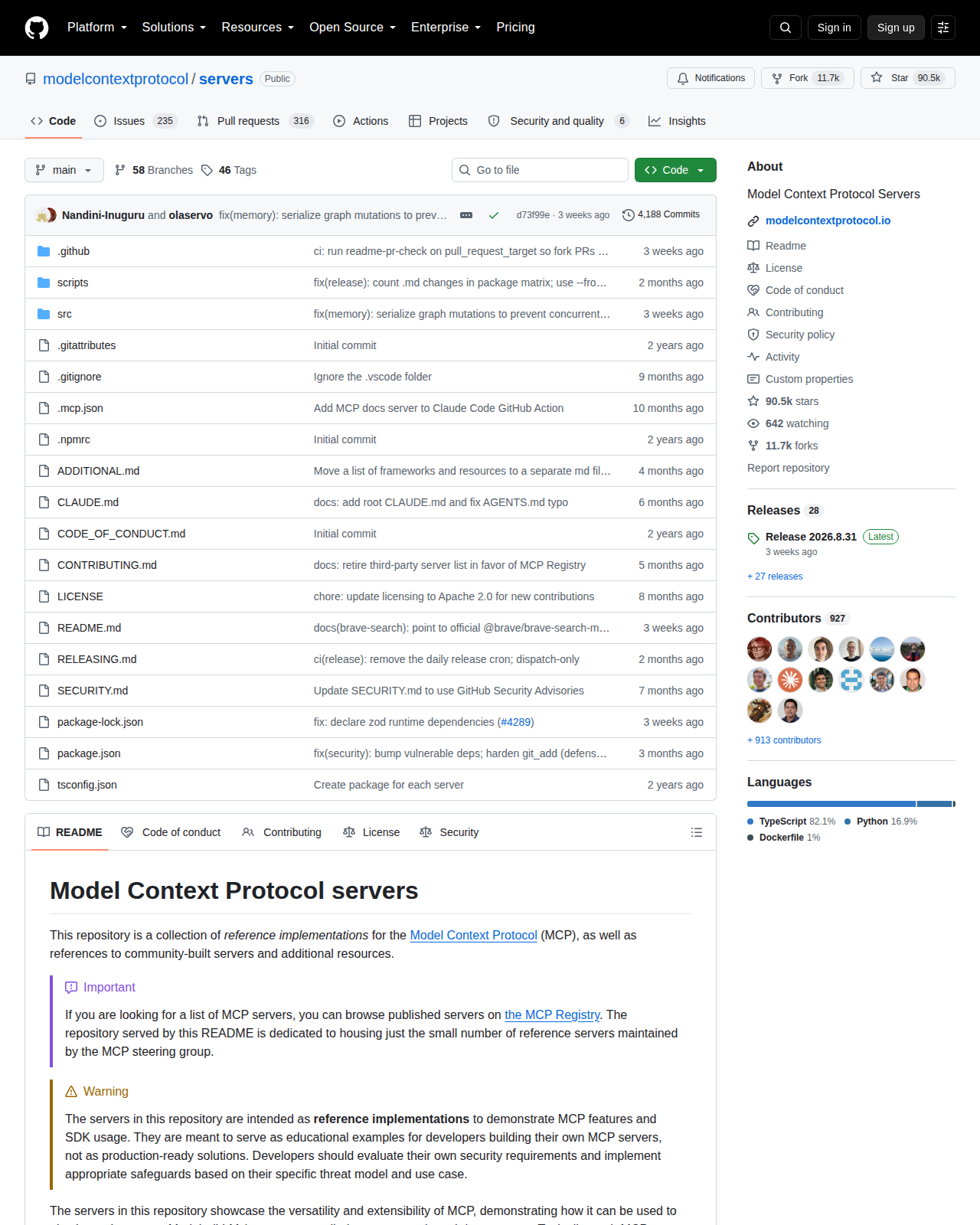 modelcontextprotocol/servers GitHub 首頁頂部（儲存庫名稱、Star 數 90.5k、Fork 數 11.7k 與項目描述文字）