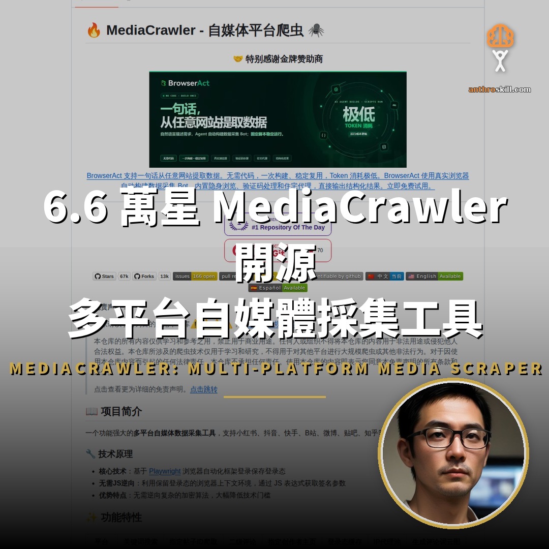 6.6 萬星 MediaCrawler 開源：多平台自媒體採集工具