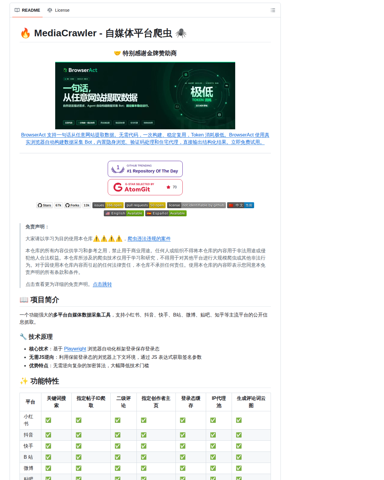 MediaCrawler 儲存庫 README 開頭，顯示專案名稱「MediaCrawler - 自媒體平台爬蟲」與標語，並列出小紅書、抖音、快手、B 站、微博、貼吧與知乎的關鍵詞搜索、指定帖文、二級評論、登入態快取與 IP 代理池等支援矩陣