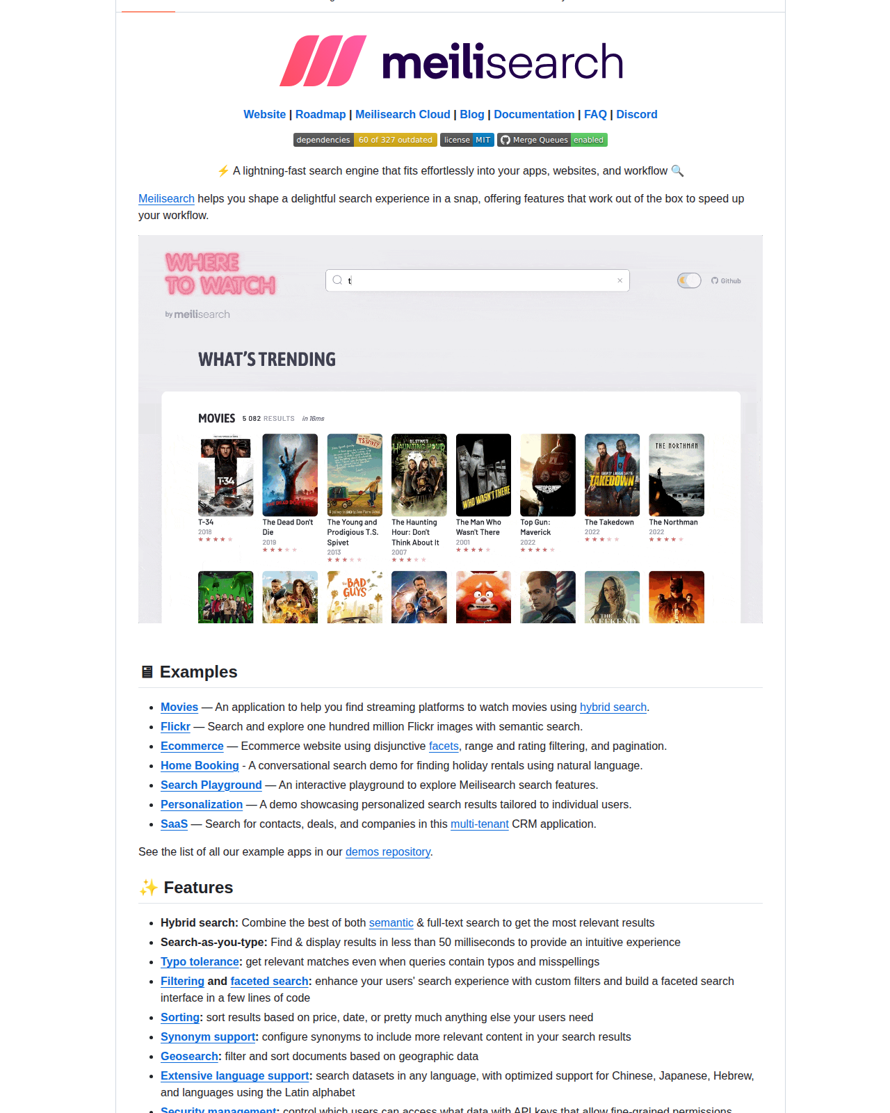 Meilisearch README 開頭截圖（Meilisearch 標誌與標語 lightning-fast search engine 大字）