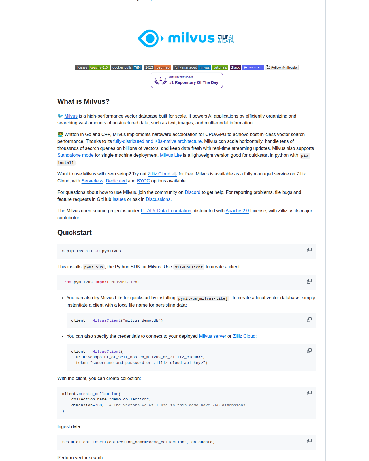 Milvus README 開頭(項目名稱與定位描述)