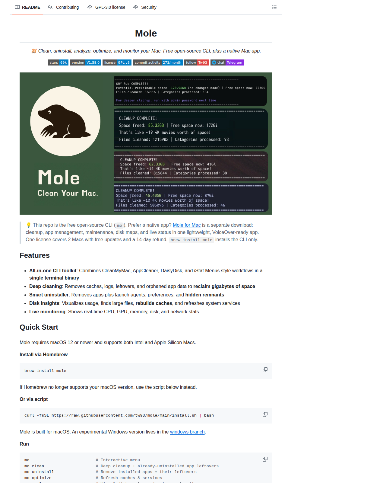 Mole 的 GitHub README 開頭畫面，顯示專案名稱 Mole、標語「Clean, uninstall, analyze, optimize, and monitor your Mac」、版本標記 V1.58.0、Telegram 社群連結與清理結果示意圖