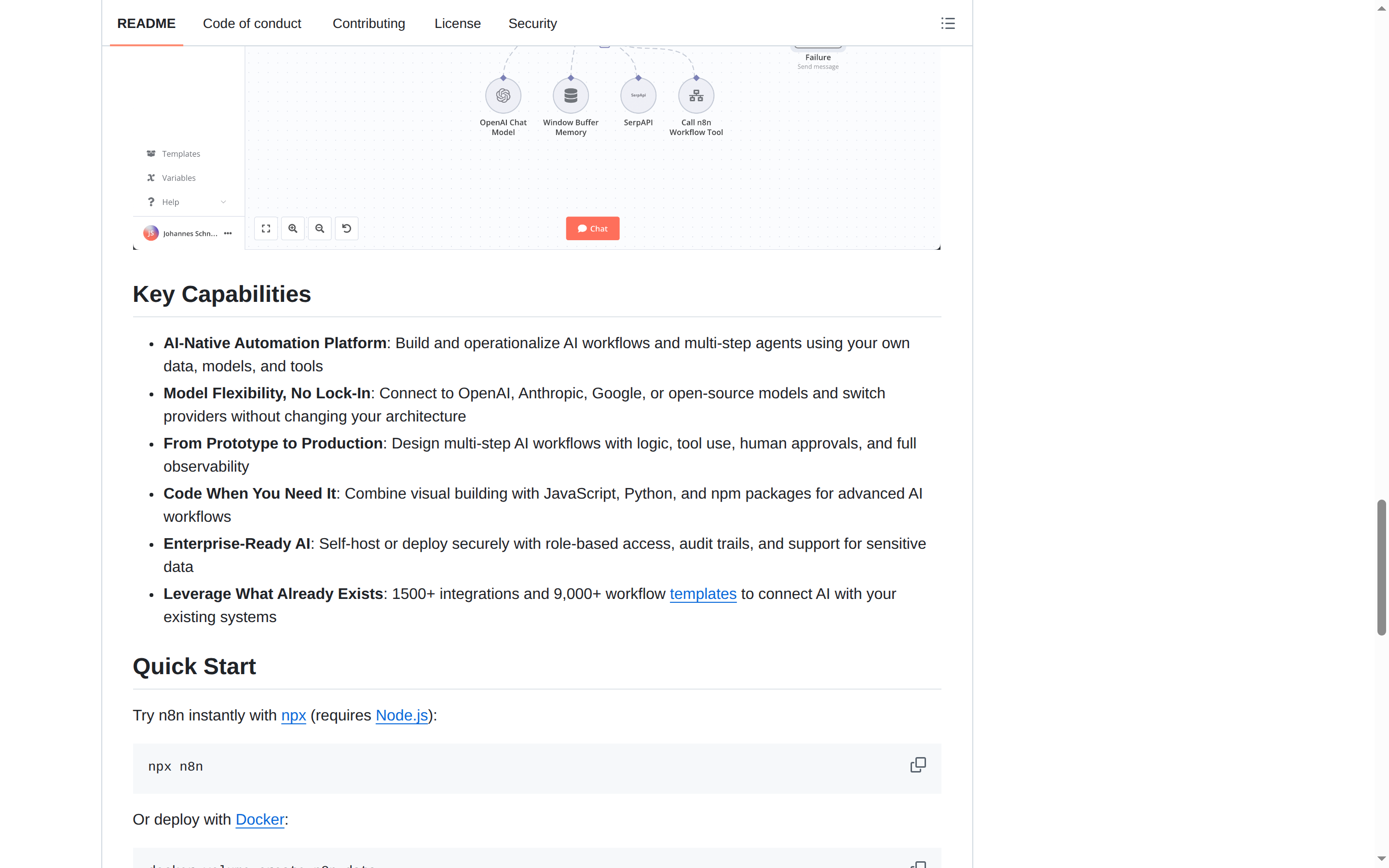 n8n README 核心內容(Key Capabilities + Quick Start)
