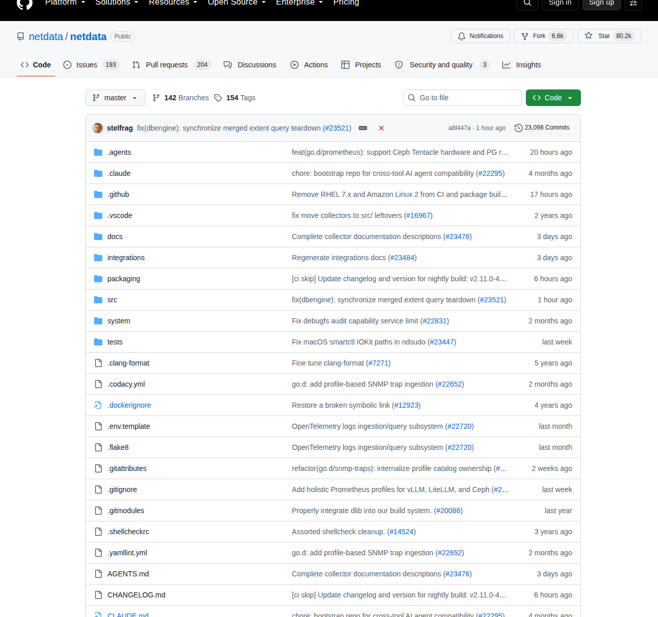 Netdata GitHub 專案主頁(顯示 master 分支與近期提交記錄,反映項目的活躍開發狀態)