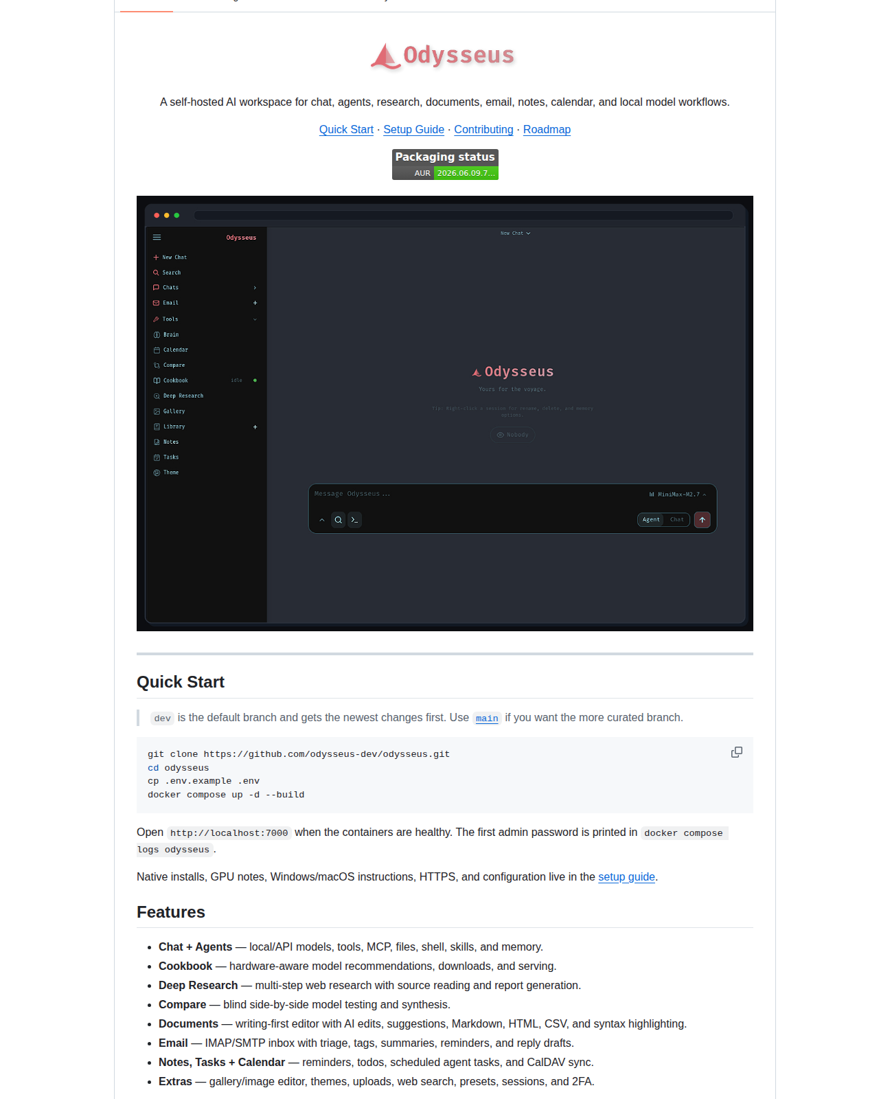 Odysseus README 開頭（項目名稱「Odysseus」標誌圖 + 產品定位描述「A self-hosted AI workspace for chat, agents, research, documents, email, notes, calendar, and local model workflows」+ Quick Start 快速入門段落 + Docker Compose 啟動指令）