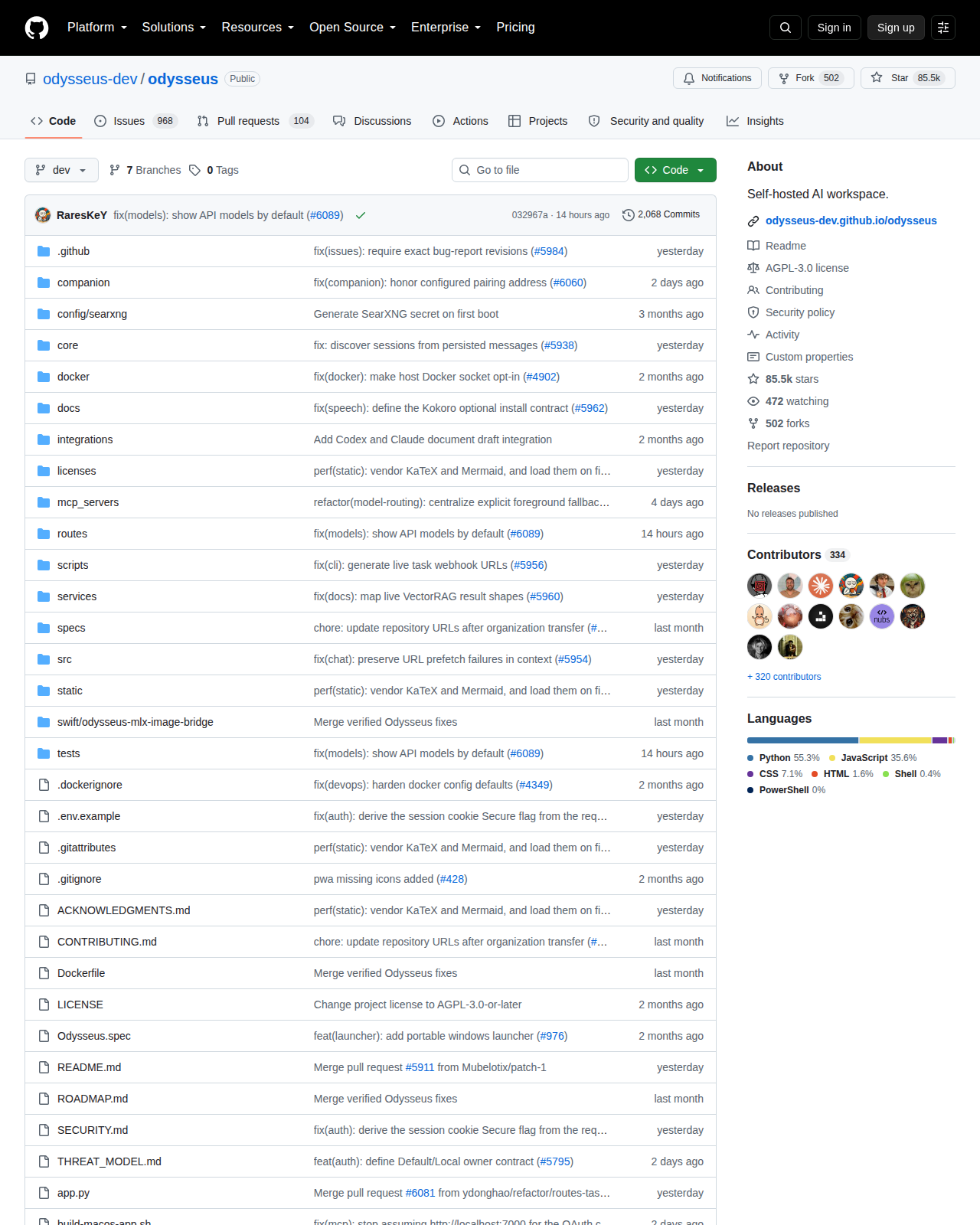 Odysseus GitHub 首頁頂部（repo 名稱「odysseus-dev/odysseus」+ Star 數 85.5k + Forks 502 + 描述「Self-hosted AI workspace.」+ Python 主要語言 + AGPL-3.0 授權 + 專案檔案目錄樹）