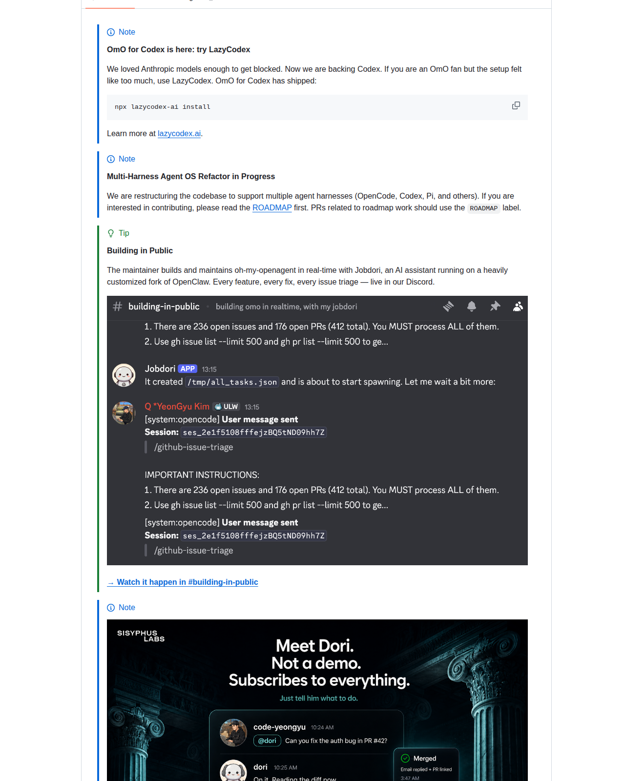 Oh My OpenAgent README 開頭(項目名稱 Oh My OpenAgent 與標語,顯示「Unleash your agents」的開發代理框架定位)