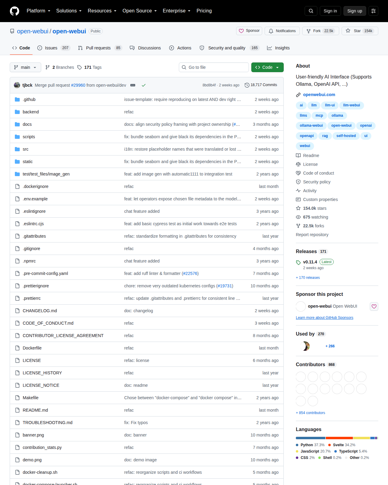 Open WebUI 的 GitHub 儲存庫首頁頂部,顯示專案名稱 open-webui/open-webui、主要語言 Python、星標數與授權標示