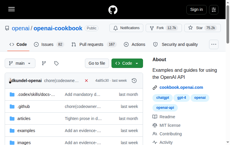 OpenAI Cookbook GitHub 首頁頂部(repo 名 + Star 數 75.2k + 官方描述)