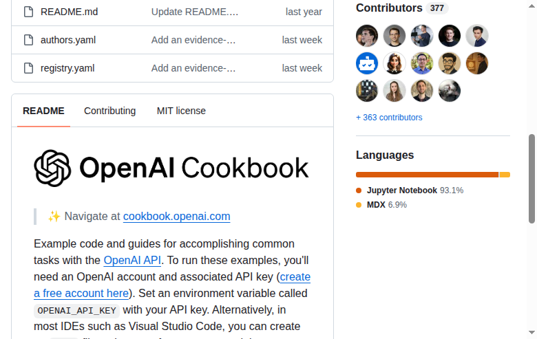 OpenAI Cookbook GitHub 統計數據(Contributors 377 貢獻者頭像列表)
