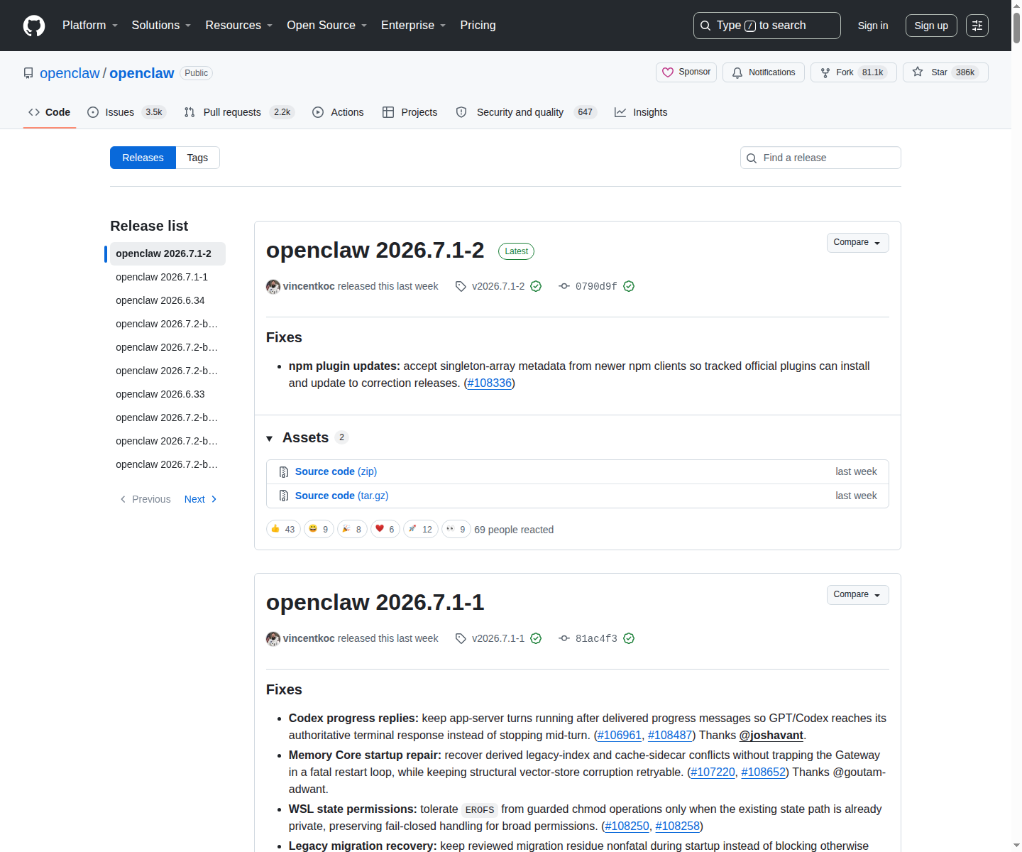 OpenClaw Releases 頁（repo 名 openclaw/openclaw + Star 386k + 版本發布列表）