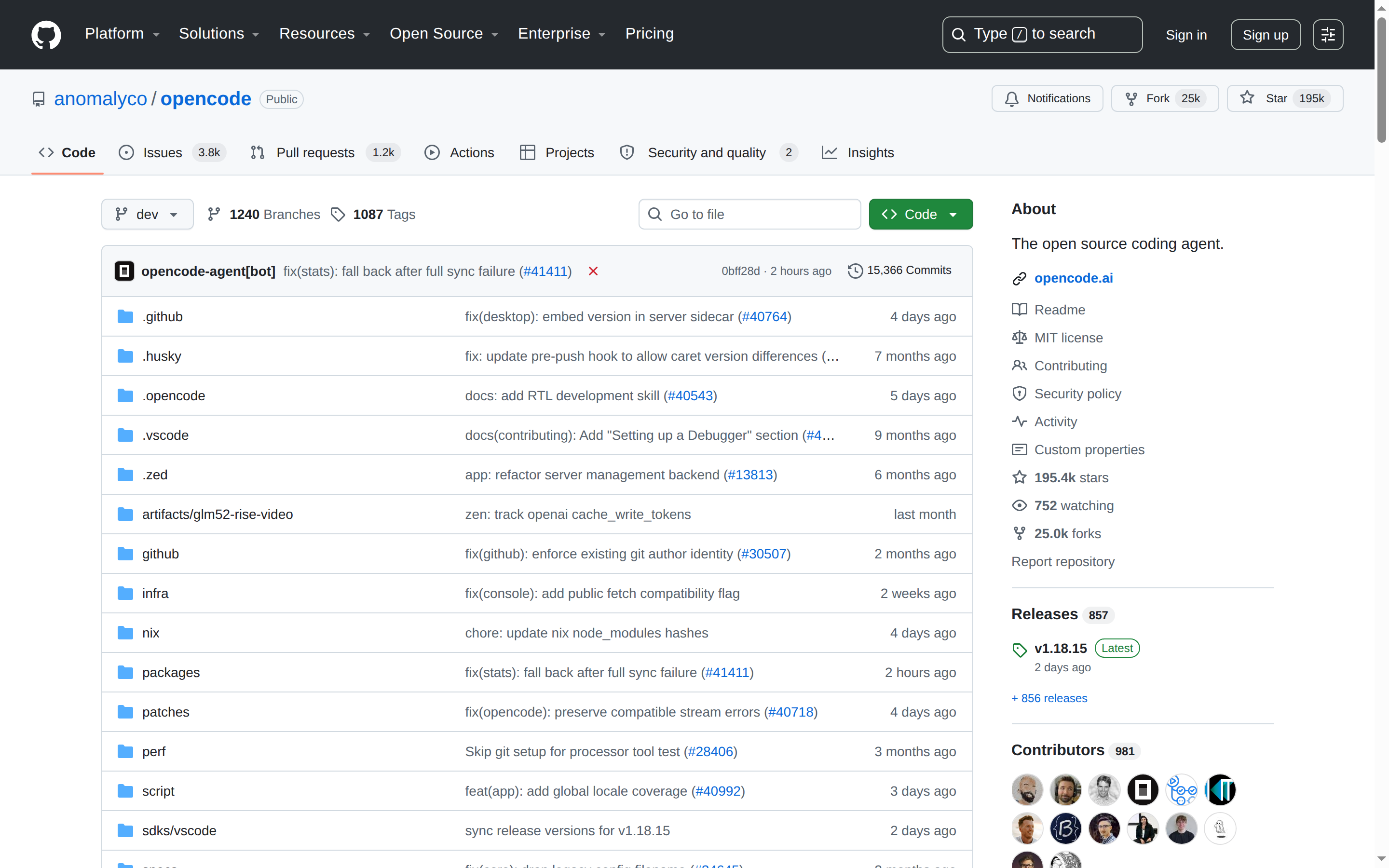 OpenCode GitHub 主頁（repo 名 + 195k stars + 項目描述）