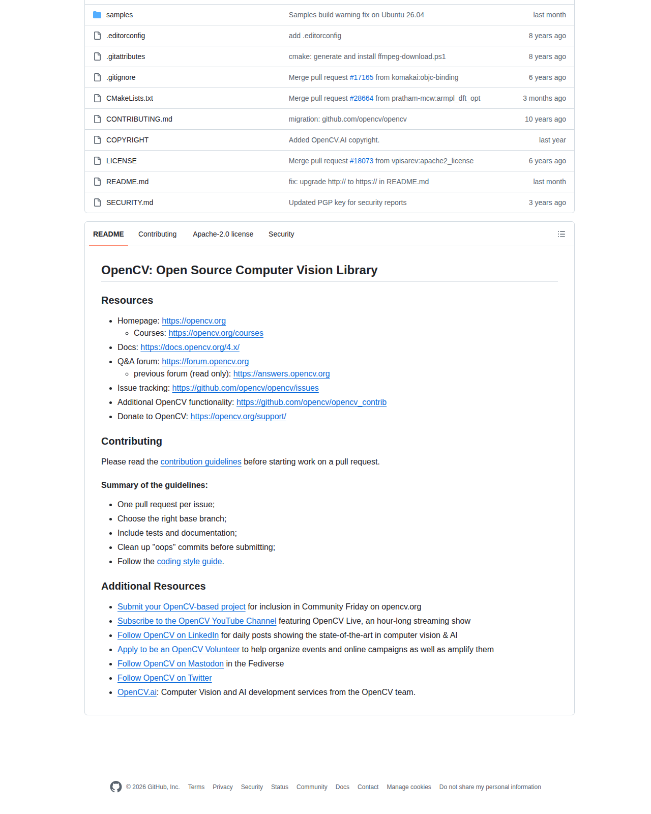 OpenCV README 開頭（OpenCV 開源電腦視覺庫項目名稱與資源連結）