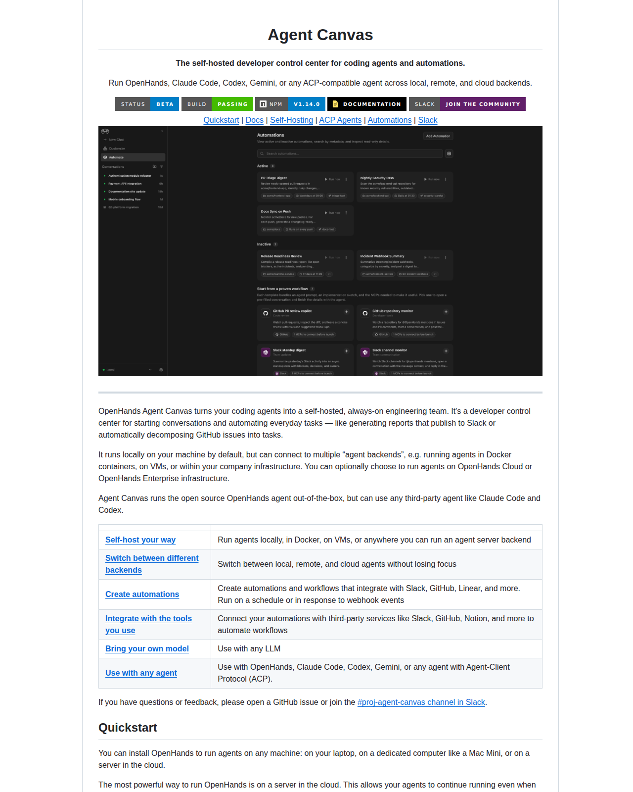 OpenHands README 開頭(項目名稱 Agent Canvas + 標語「The self-hosted developer control center for coding agents」)