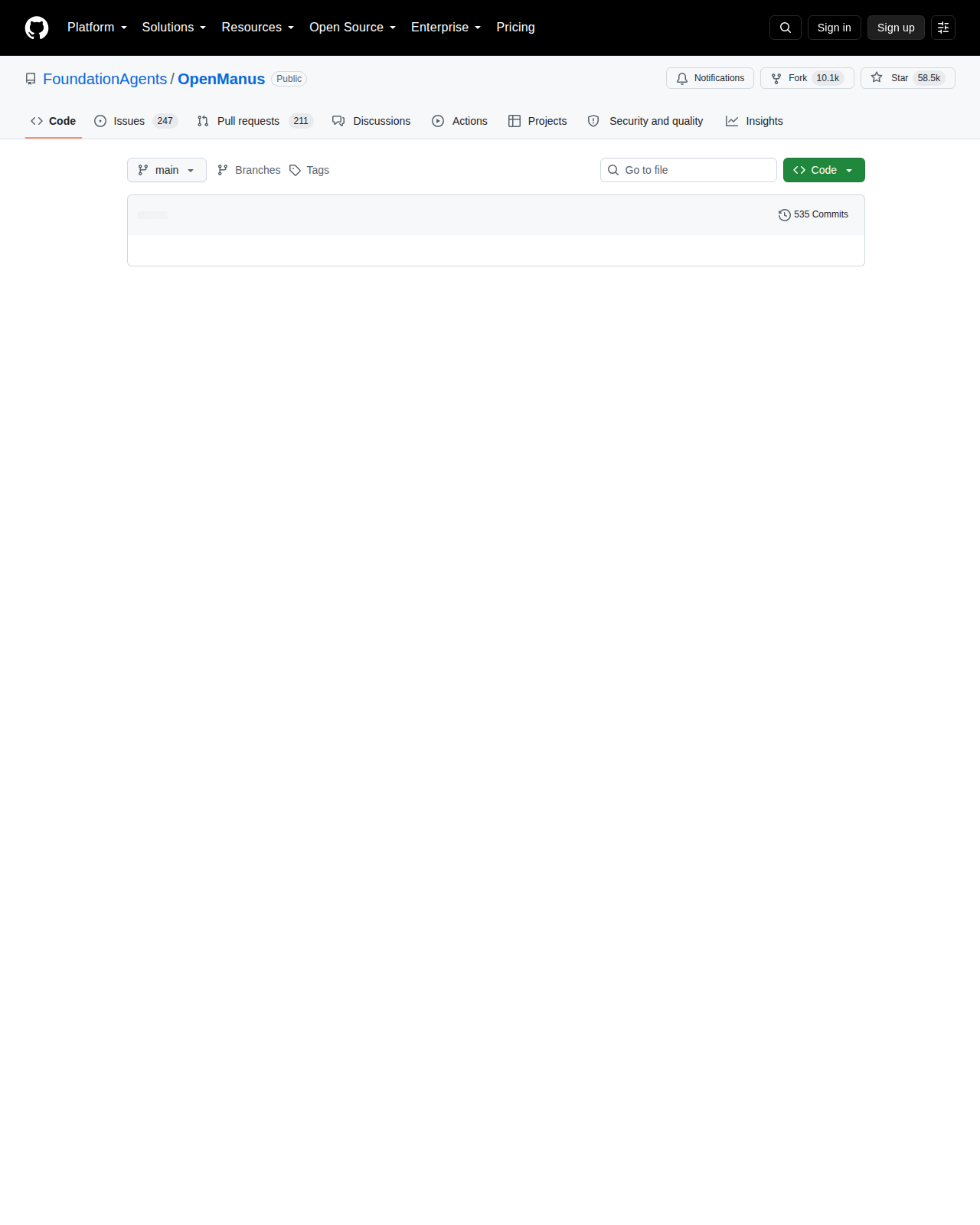 OpenManus GitHub 倉庫首頁(倉庫名稱 FoundationAgents/OpenManus、專案描述、星標數與頂部檔案清單)
