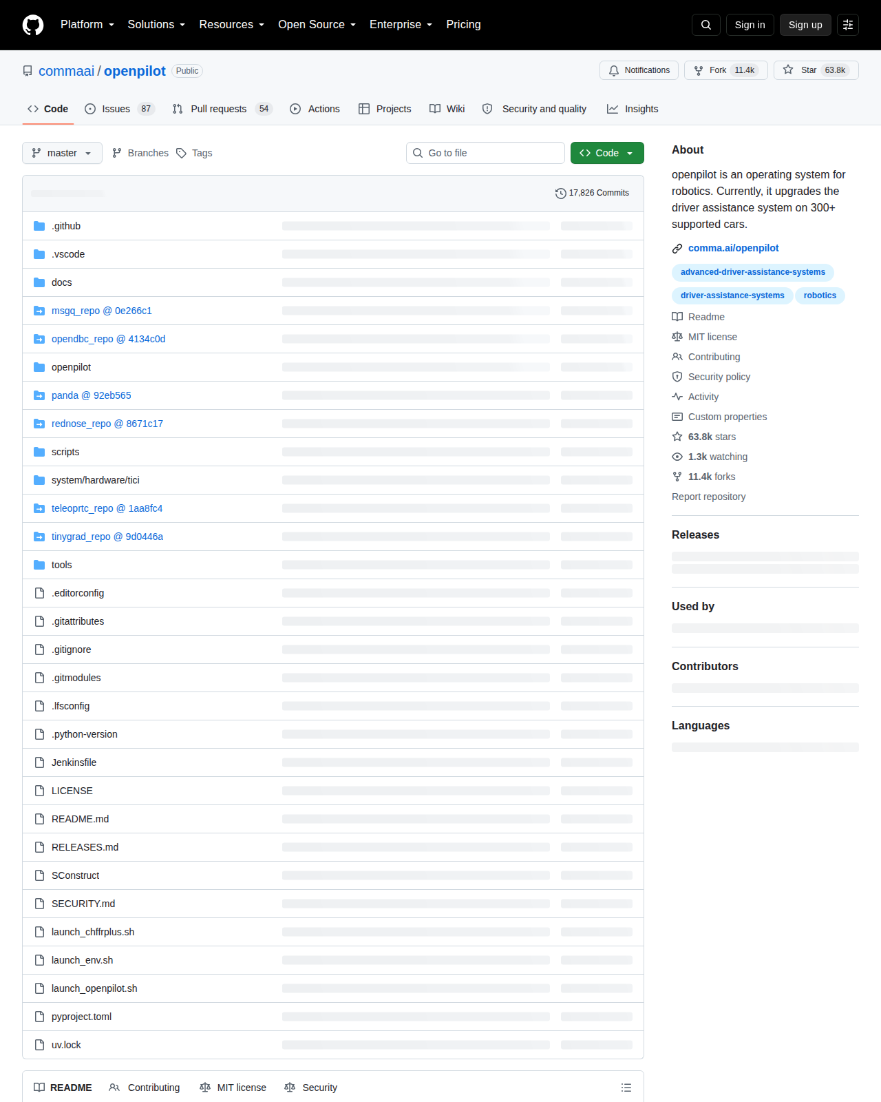 commaai/openpilot 的 GitHub 首頁頂部,顯示 repo 名稱 commaai/openpilot、Star 數 63.8k、Fork 11.4k、描述「openpilot is an operating system for robotics」、MIT 授權標示與 topics 標籤