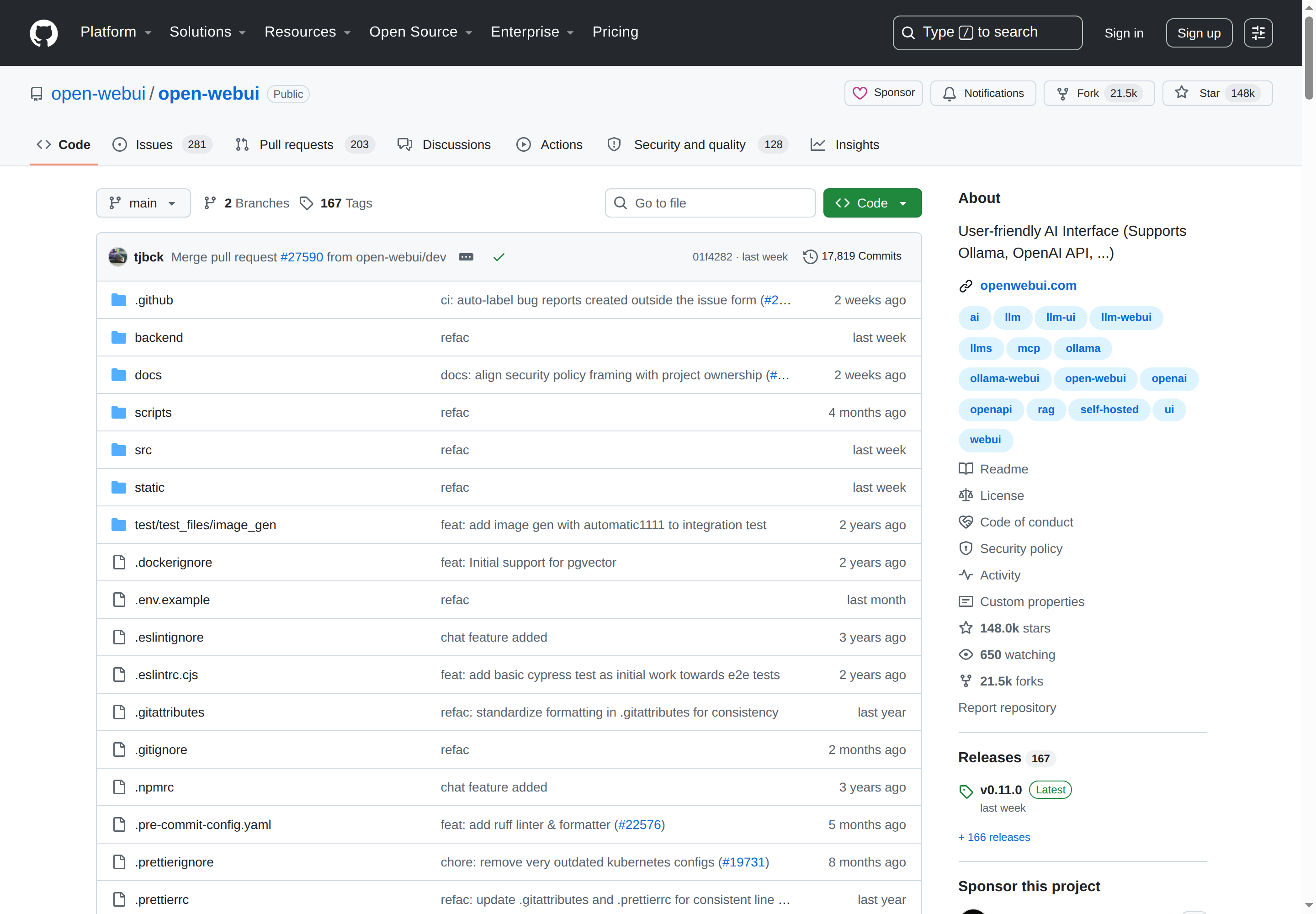 Open WebUI GitHub 主頁（148k stars + 項目描述）