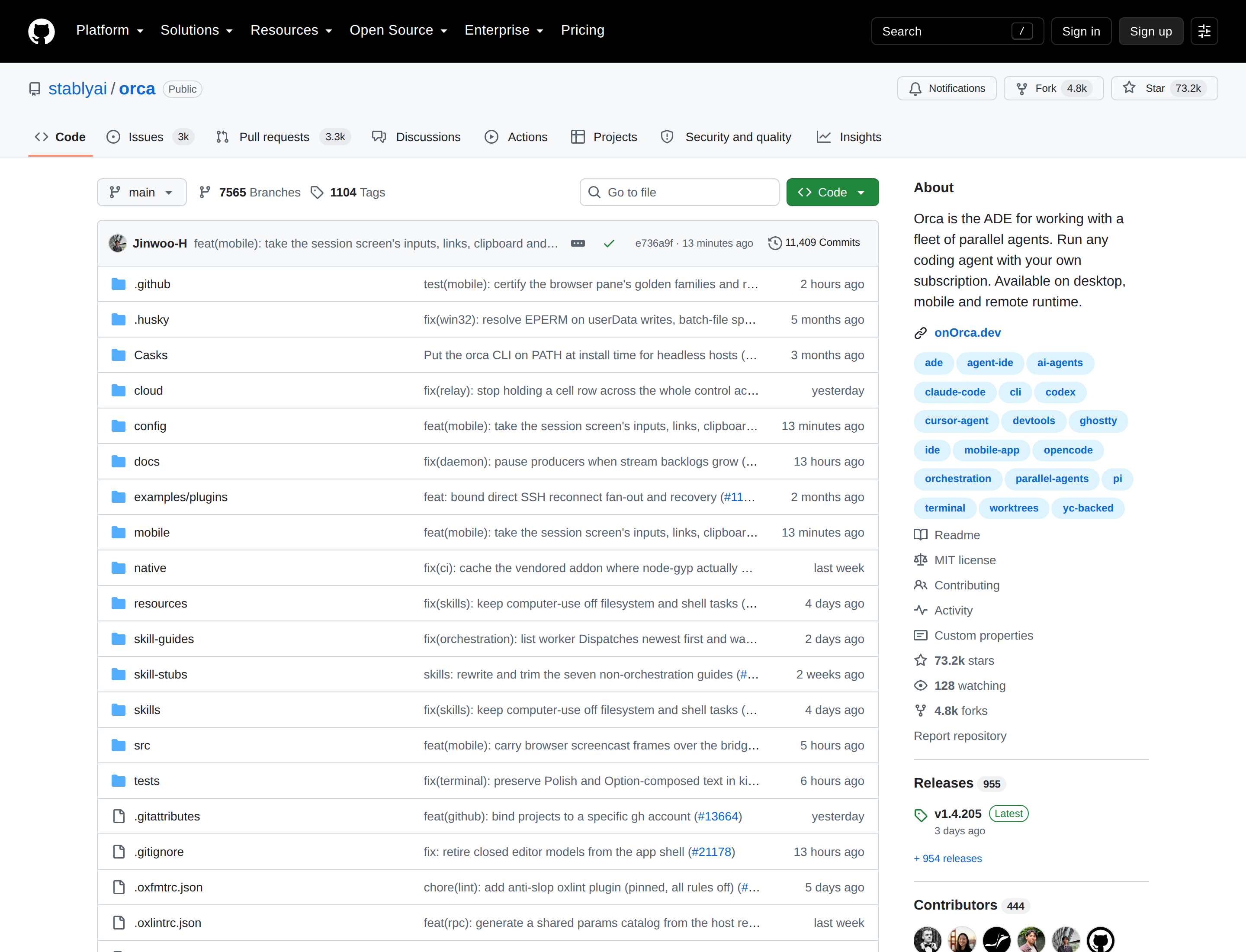 stablyai/orca GitHub 首頁頂部(repo 名 stablyai/orca、Star 數 73.2k、Fork 數 4.8k 與項目描述)