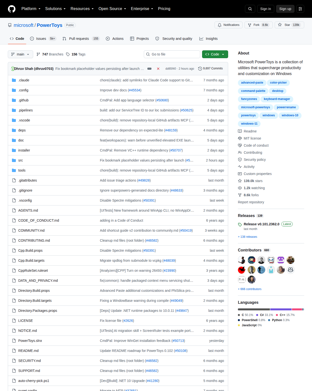 Microsoft PowerToys GitHub 儲存庫頁面頂部（儲存庫名稱 microsoft/PowerToys、星標數 139k 與專案描述）