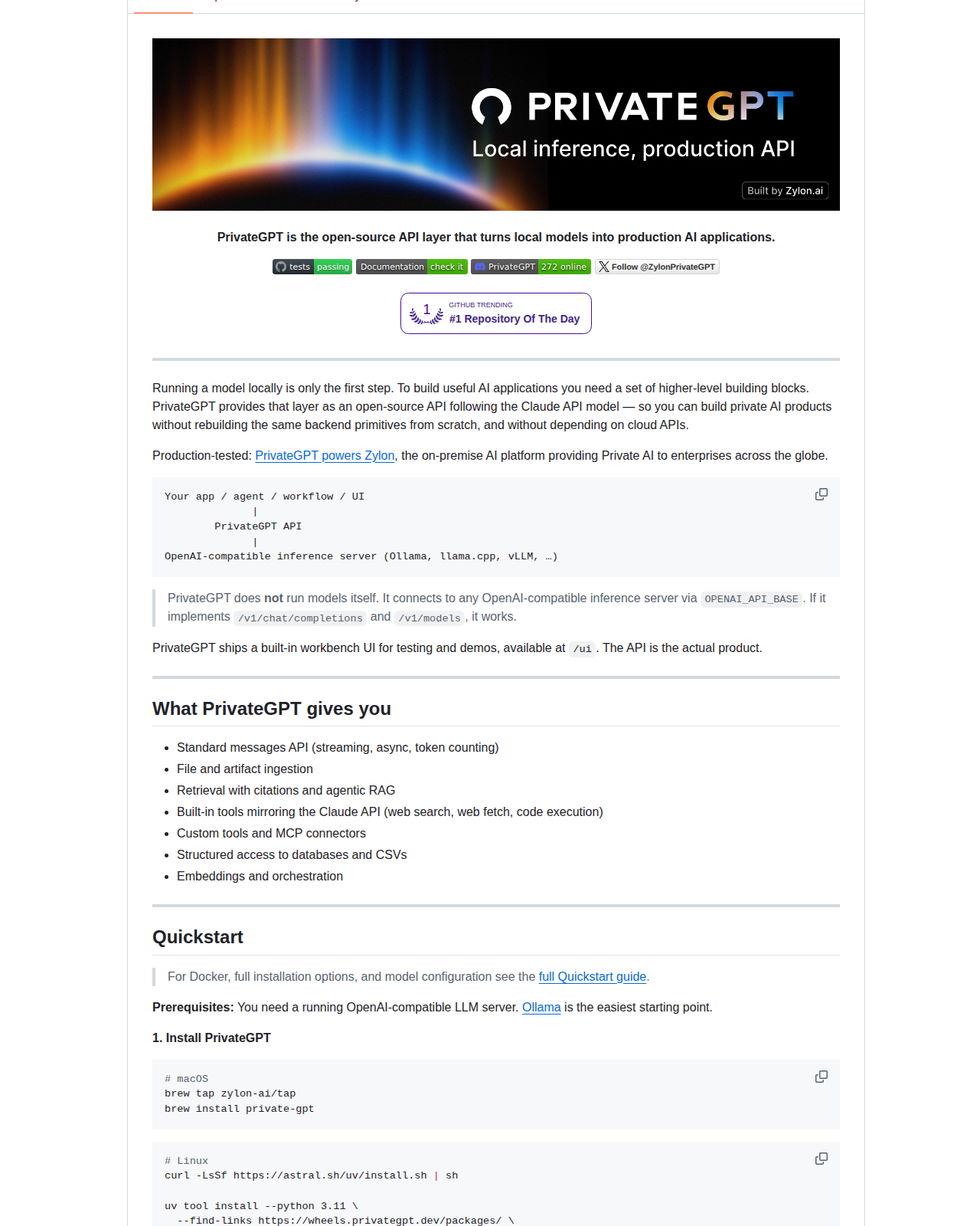 PrivateGPT README 開頭截圖，顯示項目名稱 PrivateGPT、標語 The open-source API layer that turns local models into production AI applications，以及描述其連接 Ollama、llama.cpp、vLLM 等推理伺服器的架構圖