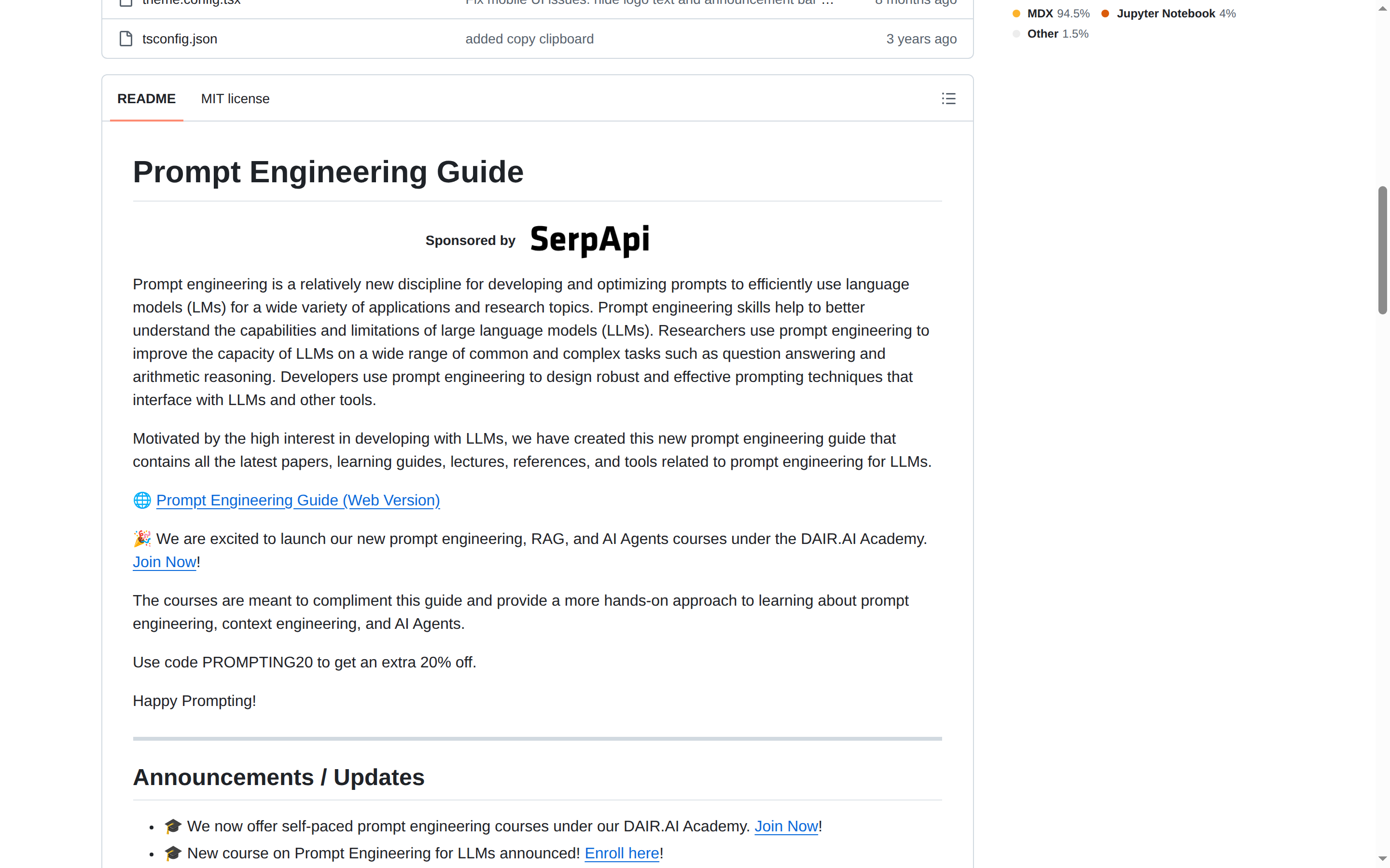 Prompt Engineering Guide README 開頭（項目 H1 大字 + 定位描述）