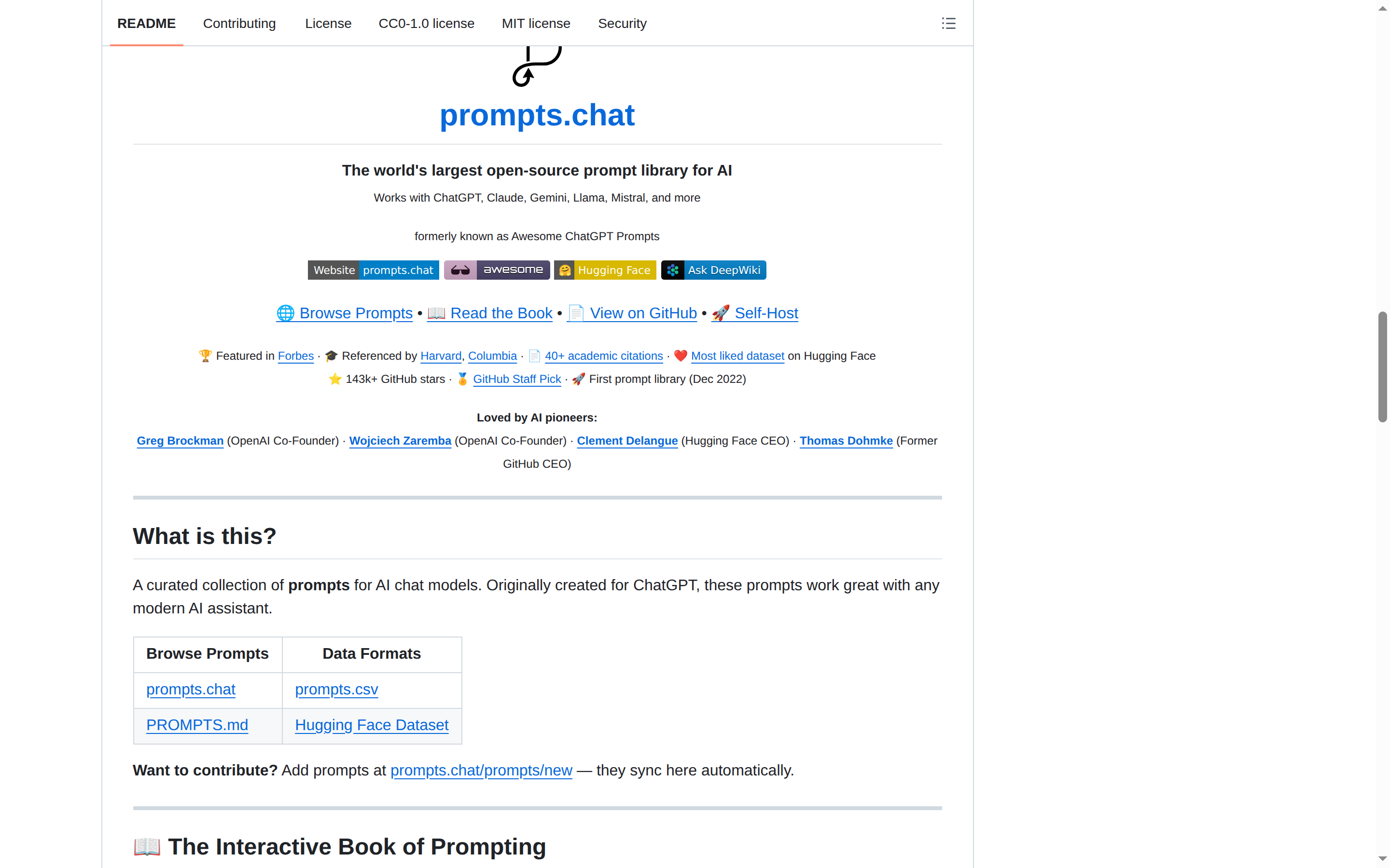 prompts.chat README 開頭(項目標誌 + 標語「The world's largest open-source prompt library for AI」)