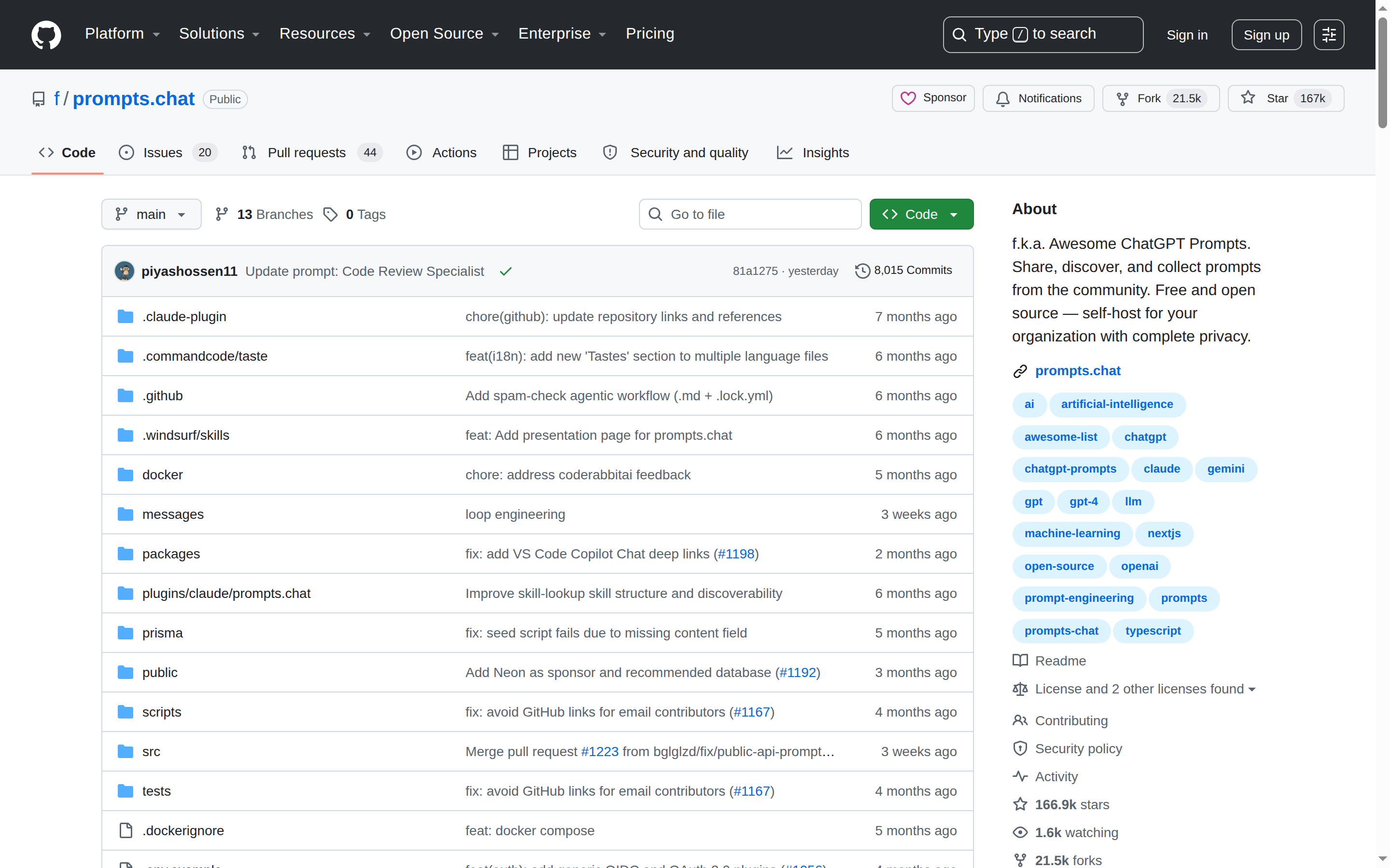prompts.chat GitHub 首頁頂部(repo 名 f/prompts.chat + 166.9k stars + 項目描述)