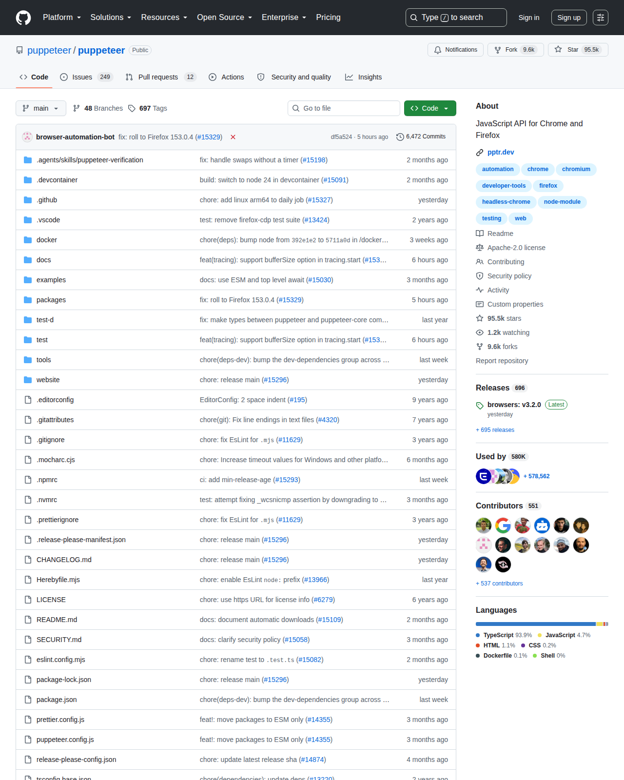 Puppeteer GitHub 首頁頂部(repo 名稱 + 95,450 Star 數量 + 項目描述)