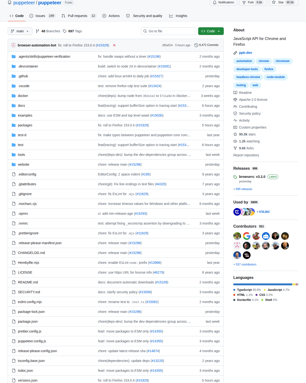 Puppeteer GitHub 儲存庫側欄統計(About 區塊:Stars、Releases、Contributors 與 Languages 資訊)