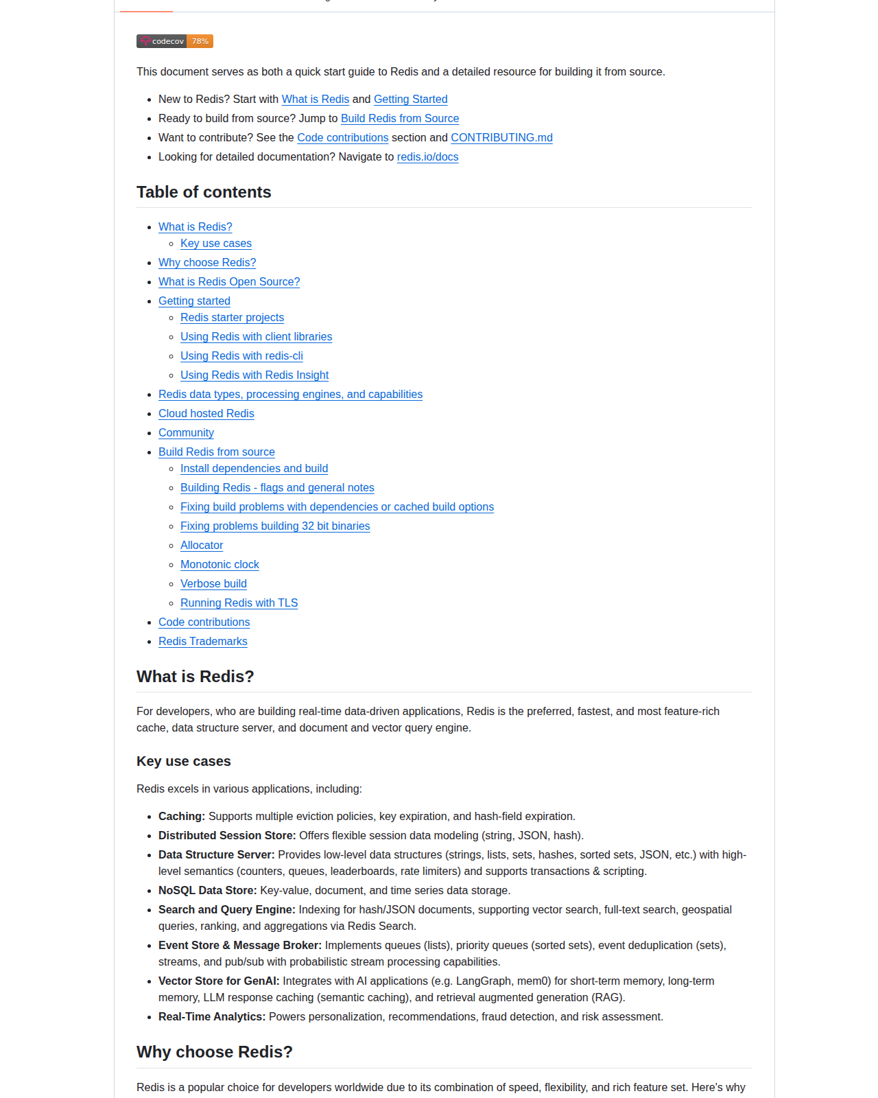 Redis README 開頭（項目名稱 Redis + 定位描述「面向即時資料應用開發者的首選快取、資料結構伺服器與文件/向量查詢引擎」+ 目錄與快速開始指引）