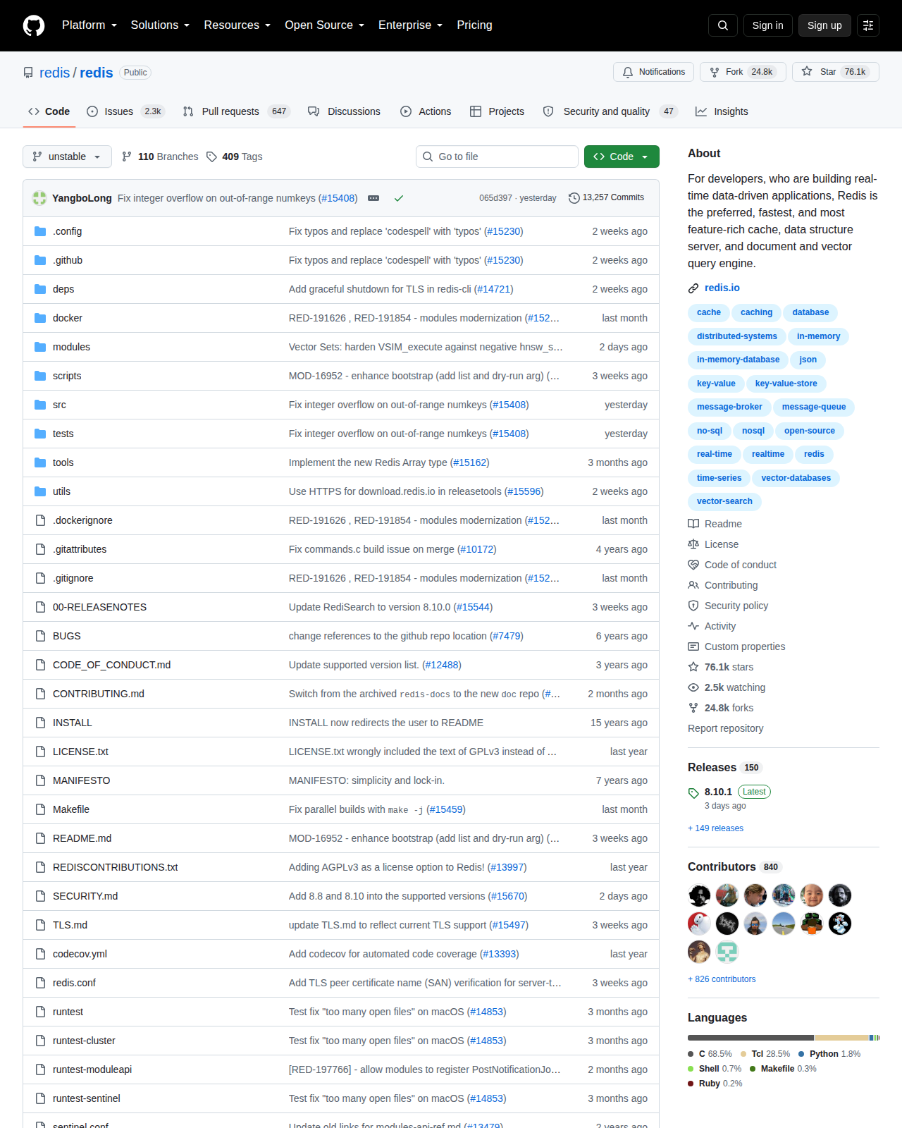 Redis GitHub 首頁頂部（repo 名 redis/redis + Star 數量 76,055 + 項目描述「面向即時資料應用開發者的首選、最快且功能最豐富的快取、資料結構伺服器與文件/向量查詢引擎」）