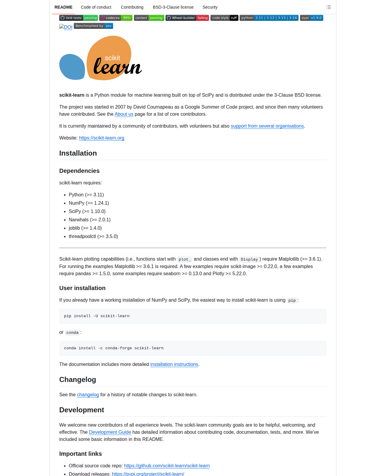 scikit-learn README 開頭（scikit-learn Logo、項目簡介與依賴說明）