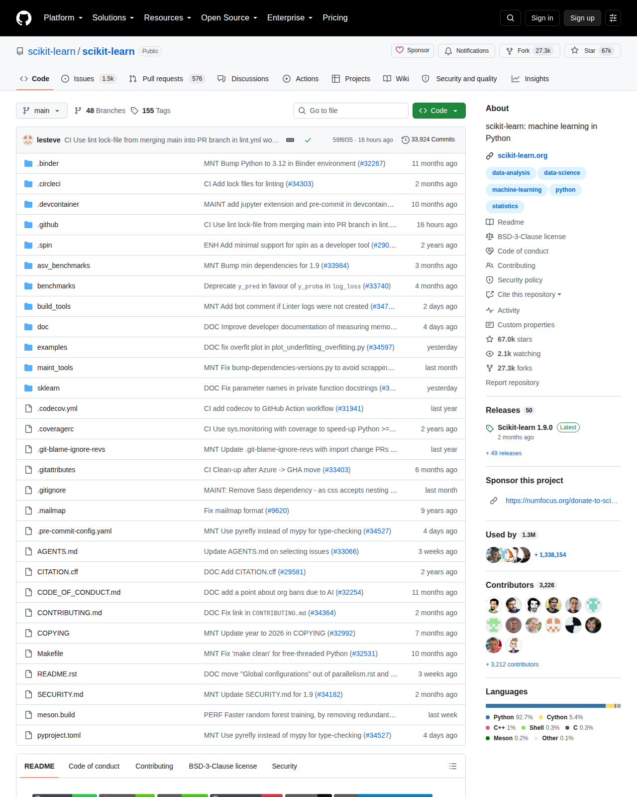 scikit-learn GitHub 首頁頂部（repo 名 + Star 數 66.9k + 官方描述）