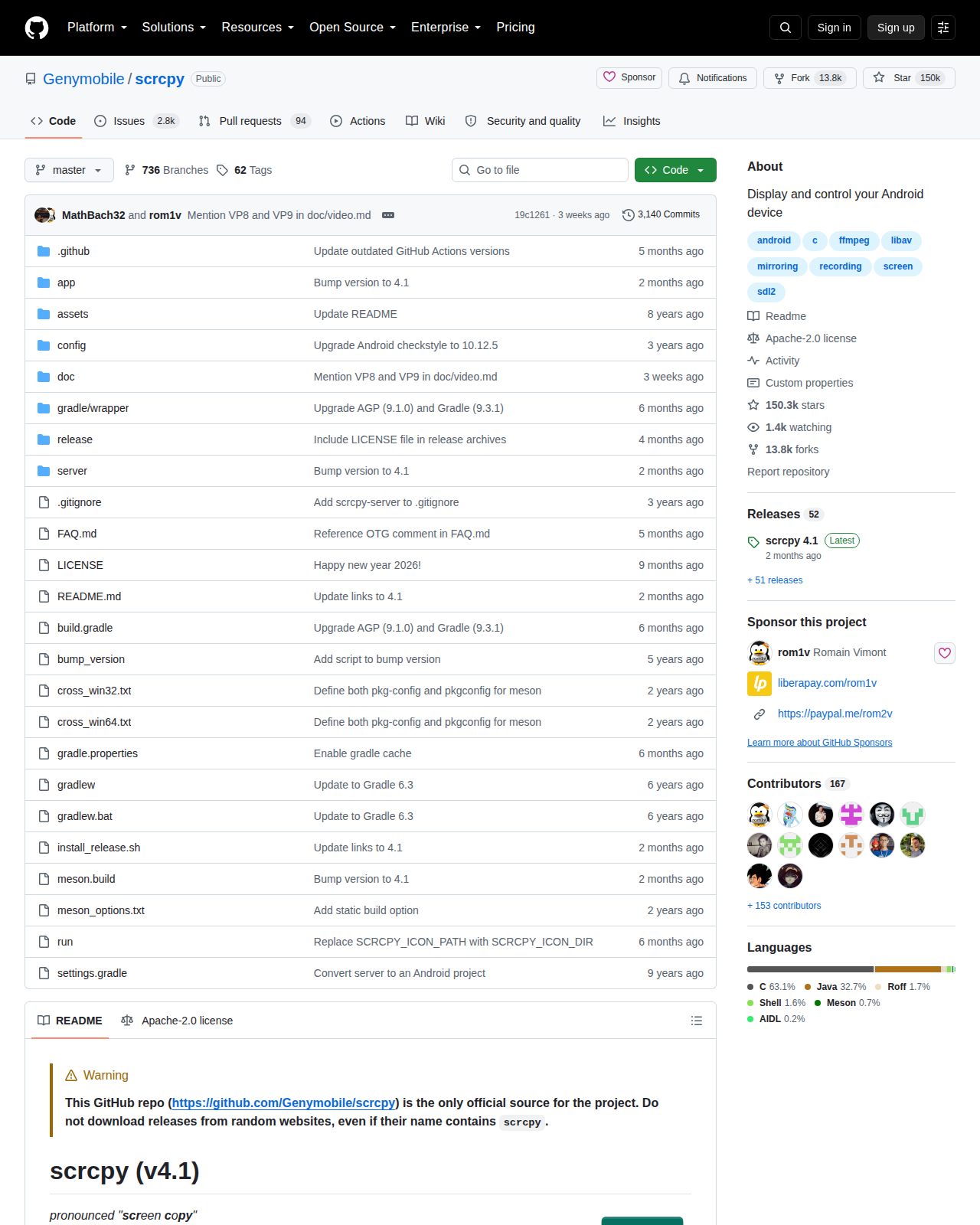 Genymobile/scrcpy GitHub 首頁頂部(儲存庫名稱、Star 數 150k、Fork 數與專案描述)