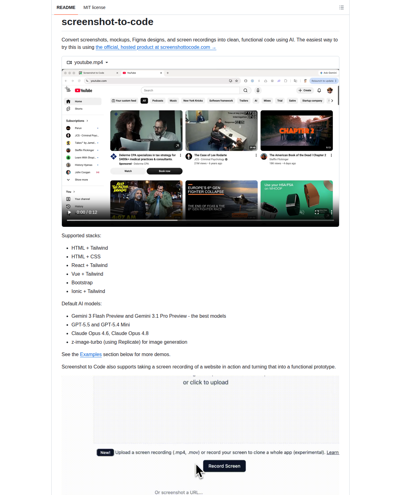 screenshot-to-code README 開頭（項目名稱「screenshot-to-code」大字 + 標語「Convert screenshots, mockups, Figma designs, and screen recordings into clean, functional code using AI」+ 託管產品入口與 GitHub 徽章）