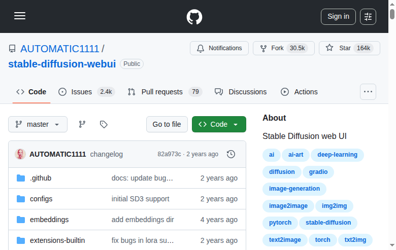 Stable Diffusion Web UI GitHub 主頁(16.4 萬星標 + 項目描述)