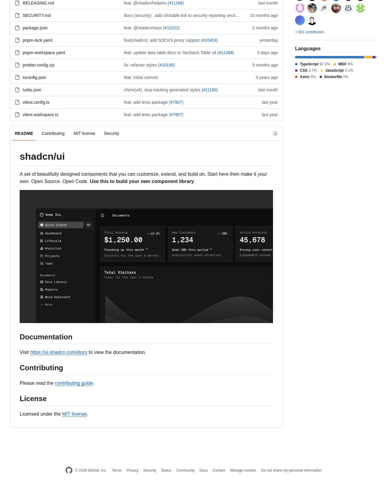 shadcn/ui README 開頭(項目名稱「shadcn/ui」+ 標語「A set of beautifully designed components」+ 官方文件連結與 MIT 授權標示)