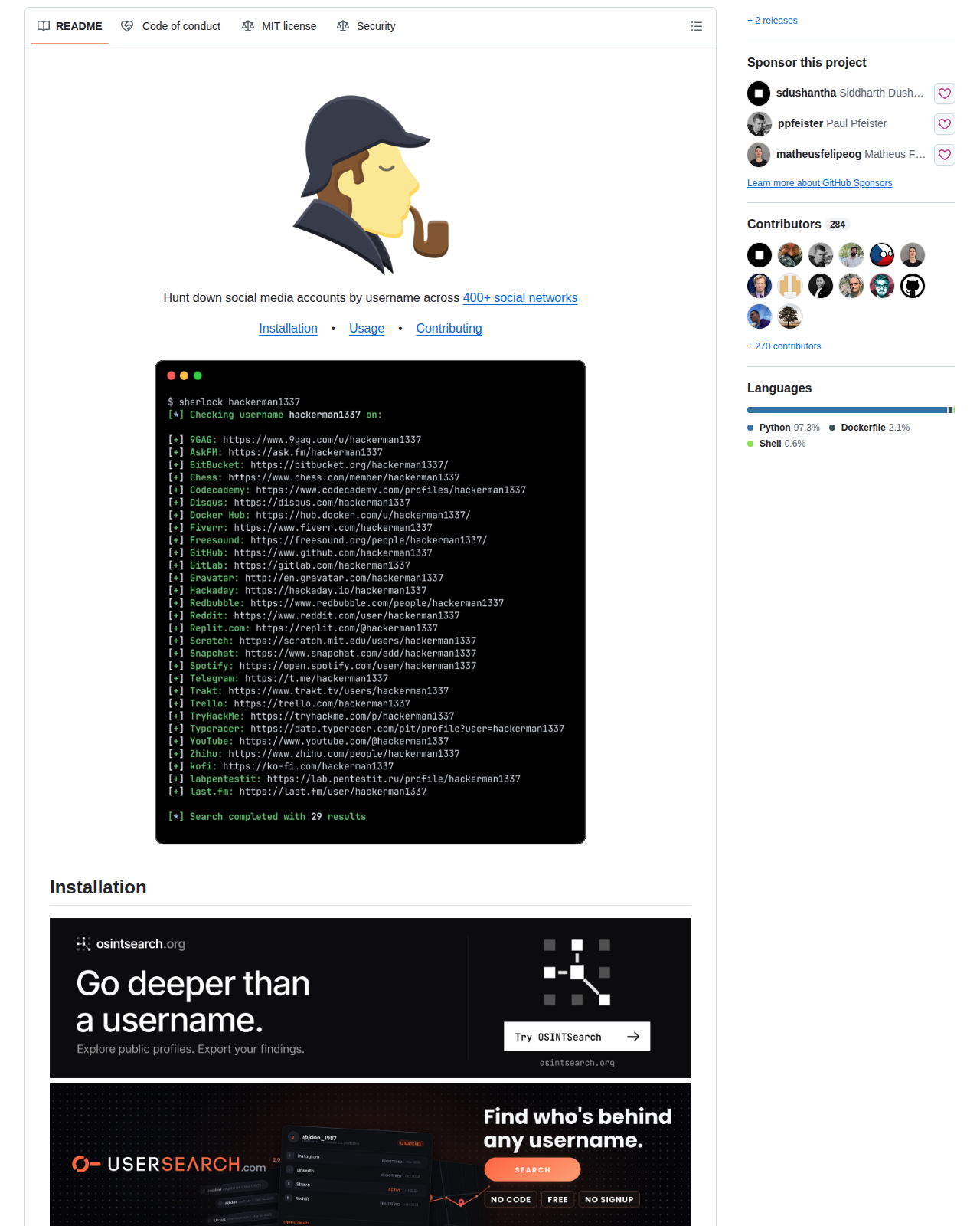 Sherlock 的 GitHub 儲存庫 README 開頭，顯示專案名稱 Sherlock、副標題說明以用戶名在四百多個社交網絡追蹤社交帳號，以及專案吉祥物插圖與安裝指引連結