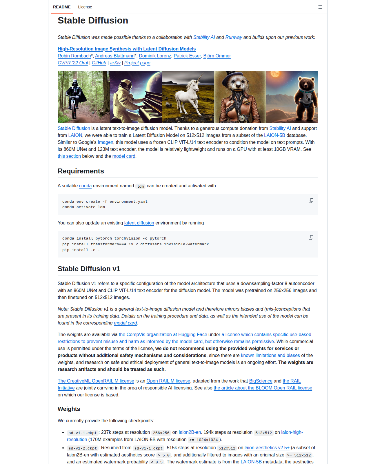 Stable Diffusion README 開頭(項目名稱「Stable Diffusion」+ 論文標題「High-Resolution Image Synthesis with Latent Diffusion Models」+ CVPR 2022 Oral 與 arXiv 連結 + 作者列表)